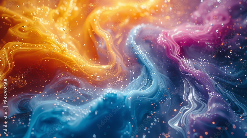 Poster abstract image featuring vibrant flows of liquid colors with golden particles, suggesting movement a