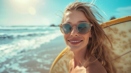 Portrait of a smiling female with surfboard on sandy beach