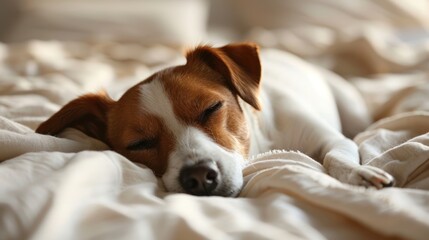 Obraz premium A Peaceful Slumber: A Jack Russell Terrier Dreams Sweet Dreams in Soft White Bedding. Generative AI