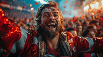 Obraz premium A person in a red jacket is immersed in the excitement of a live concert, with blurred faces enhancing anonymity