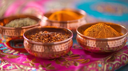 A close-up shot of traditional Indian spices in copper bowls, arranged on a vibrant fabric background. Generative AI