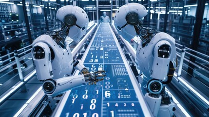 Fototapeta premium Robotics technology, industrial machinery, AI, automated systems, manufacturing robots, production efficiency, smart factory, engineering 