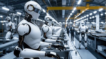 Fototapeta premium AI manufacturing, robotic assembly, factory automation, industrial robots, smart systems, production line, technology, efficiency, engineering