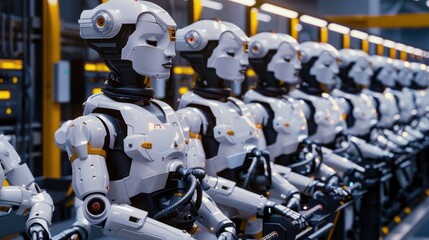 Fototapeta premium AI manufacturing, robotic assembly, factory automation, industrial robots, smart systems, production line, technology, efficiency, engineering