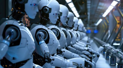 Fototapeta premium Robotics technology, industrial machinery, AI, automated systems, manufacturing robots, production efficiency, smart factory, engineering 