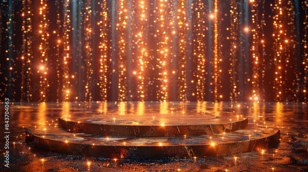 Poster image depicts a 3d-rendered stage with circular shape emitting golden light, with a dark, sparkling 