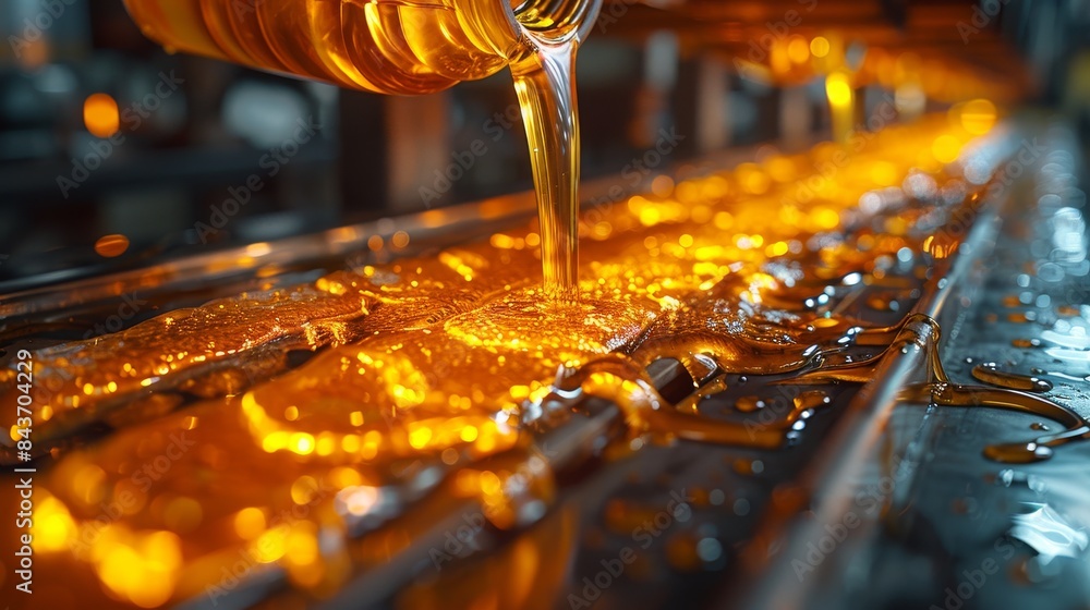 Poster a smooth stream of honey pours over a series of bottles on a busy production line under warm lightin