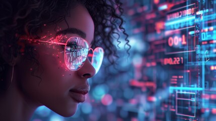 Side profile of woman with hair and ear visible is subtly visible against a vibrant data visualization background