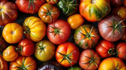 Assorted heirloom tomatoes in different colors and patterns, creating a colorful background