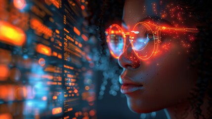 An abstract and blurred image of digital data visualization with glowing lights and hues