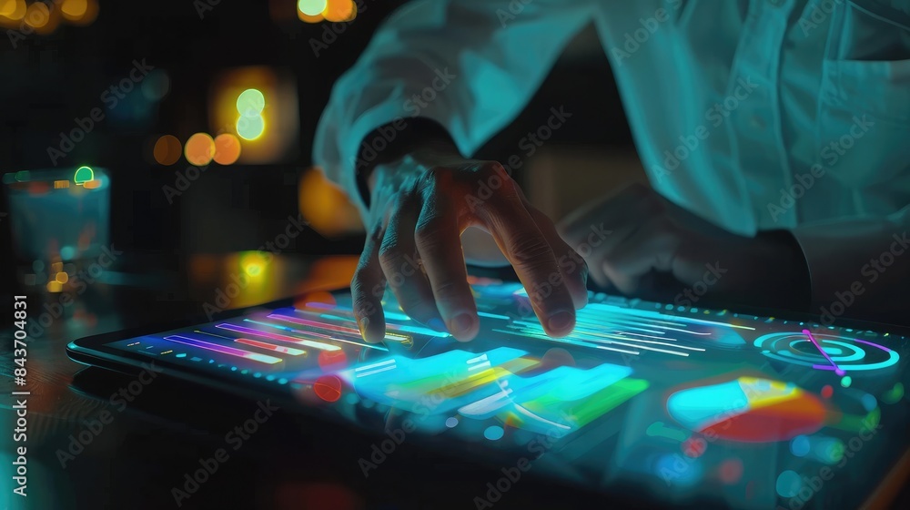 Poster businessperson analyzing a digital graph interface on a tablet, with colorful data charts