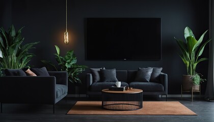 Black living room interior with luxury gray sofa