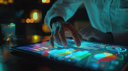 Businessperson analyzing a digital graph interface on a tablet, with colorful data charts