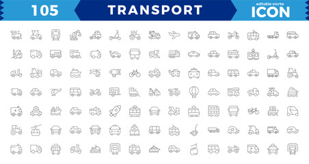 Transport thin line icons set. Transport editable stroke icons collection.in modern thin line style of transport icons types: taxi, train, helicopter, bus, ship, plane,Editable stroke.