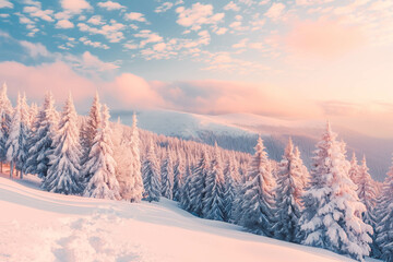 Impressive winter morning in Carpathian mountains with snow covered fir trees. Colorful outdoor scene, Happy New Year celebration concept.