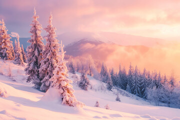 Impressive winter morning in Carpathian mountains with snow covered fir trees. Colorful outdoor scene, Happy New Year celebration concept.