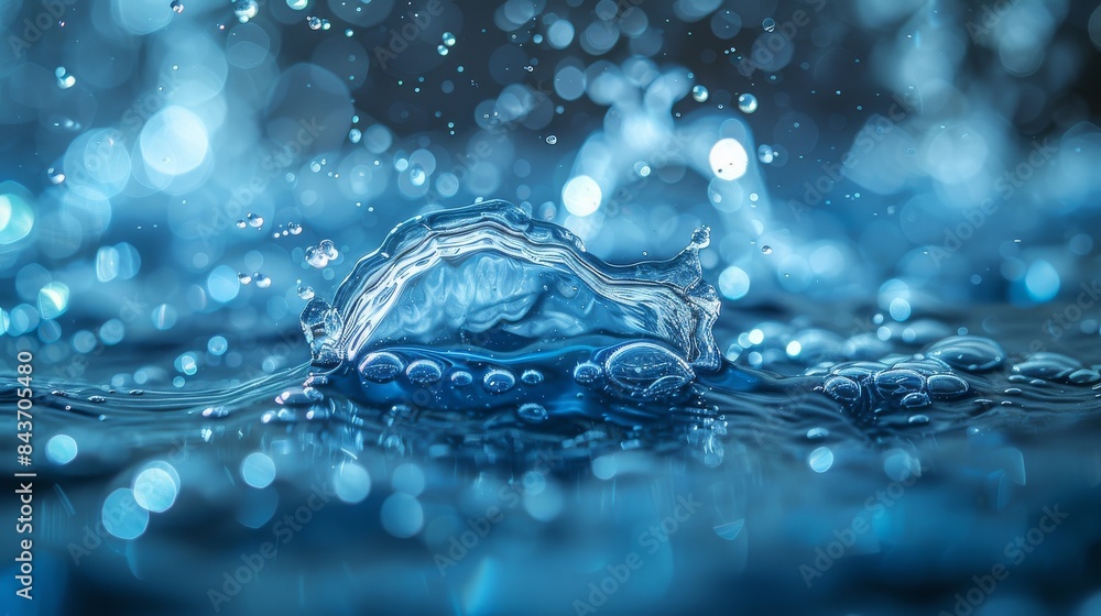 Poster crisp and detailed image of water splash with dynamic droplets against a deep blue background for a 