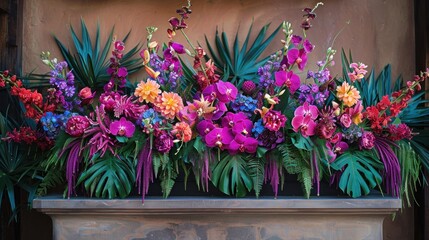 Tropical flowers in shades of fuchsia, purple, and turquoise cascade down the sides of the podium, creating a striking and memorable display.