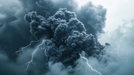 Thunder clouds and lightning background of gloomy gray sky