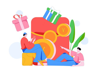 Use red envelopes to attract new customers and promote activity. Flat vector character concept illustration
