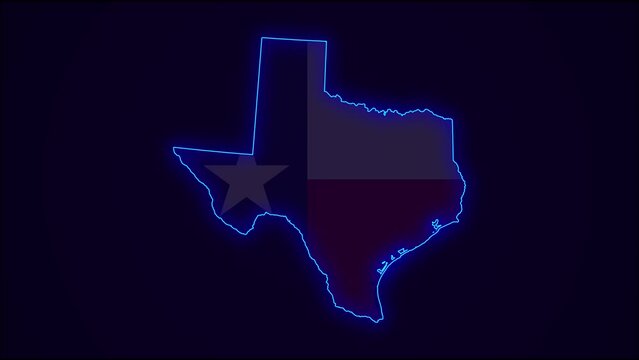 Texas Map Outline Country Border on dark blue.  Neon Lights  colorful animation transition. Flag of Texas.  United States. Animation in neon style. 4k Resolution.