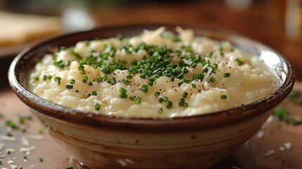 Get close-up shots of a bowl of creamy risotto, featuring tender grains of rice, flavorful broth, and grated Parmesan cheese.