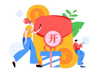 Use red envelopes to attract new customers and promote activity. Flat vector character concept illustration
