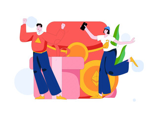 Use red envelopes to attract new customers and promote activity. Flat vector character concept illustration
