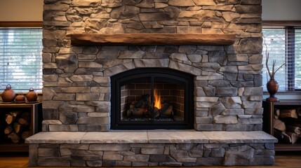 Cozy stone fireplace with burning fire