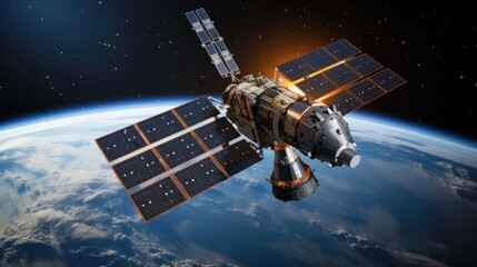 Fototapeta premium Satellite orbiting over Earth in space