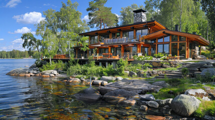 Futuristic luxurious Scandinavian house in remote area near lake of fjord