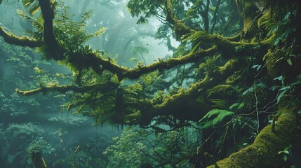 Fototapeta premium Deep tropical rainforest with green plants, moss, ferns.