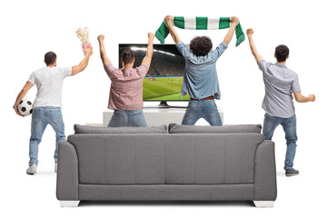 Rear view shot of a group of young men watching a football match on tv and cheering