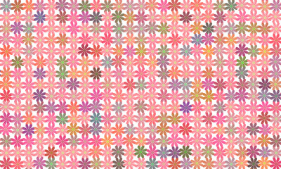 Graphic flowers in various colors arranged in rows all over the page. on a white background