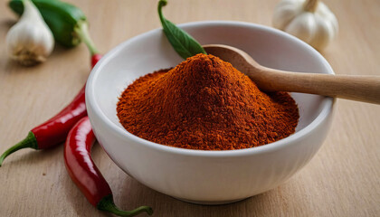 Bowl of Red Chili Powder with Fresh Garlic and Chilies