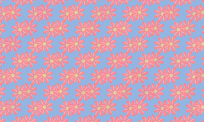 Graphic of pink flowers arranged in sets of 2, arranged in diagonal rows. on a blue background