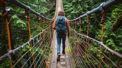 A backpacker walks across a suspension bridge surrounded by lush green forest, highlighting adventure and nature exploration.