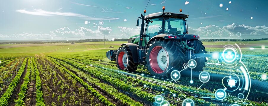 Agricultural Evolution: Tractor with Holographic Displays Cruising in an Open Field, Symbolizing Modern Farming