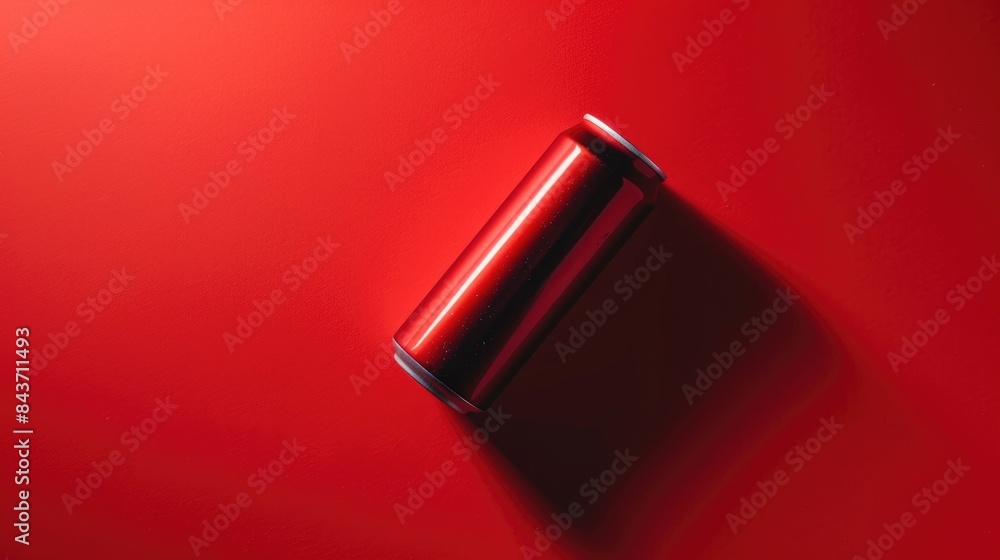 Poster energy beverage in a can against a red backdrop viewed from above room for adding text