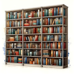 An illustration for book lovers day, rendered in watercolor style, Bookshelf clipart filled with books of various sizes. 