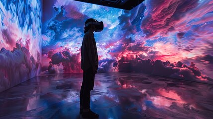 Technological visual stage art background, audience wearing VR glasses standing in a dreamy spatial world, dynamic abstract patterns and fluid effects
