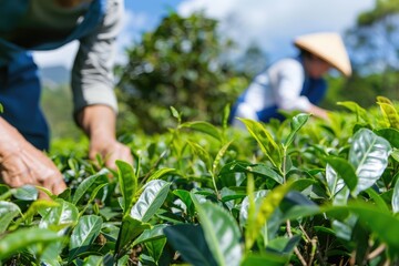 Two individuals delicately pluck tea leaves in a lush, sunlit field, embodying the tranquil art of tea cultivation