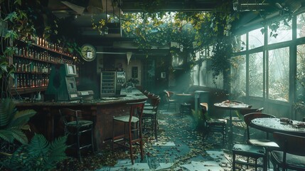 Interior view of abandoned city building with green plants growing. Post apocalypse scene.