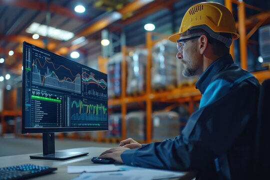 A man in a yellow hard hat is looking at a computer monitor with a graph on it