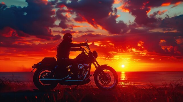 A man is riding a motorcycle on a beach at sunset