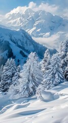 Obraz premium Snowy trees are covered in snow on a mountain slope, winter background 