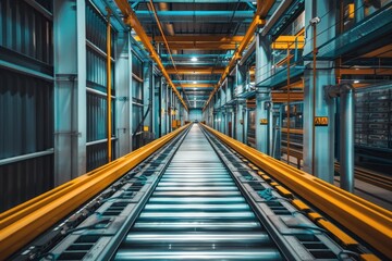 Fototapeta premium A long, empty train track with yellow and blue stripes