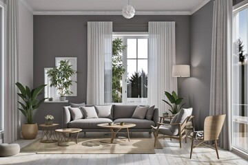Naklejka premium modern living room interior beautifulmodern living room interior beautiful, Contemporary neutral colors minimalist interior, home mockup , 3d render