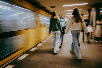 Blurry Bahnsteigszene in Berliner U-Bahn mit vorbeifahrendem Zug