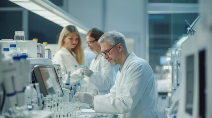 A group of scientists are working in a lab, with one of them wearing a lab coat